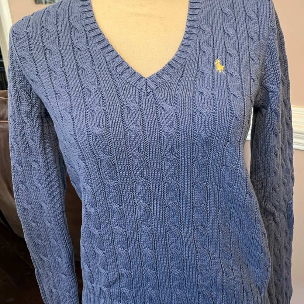 Ralph Lauren Blue Cable Knit V-Neck Sweater